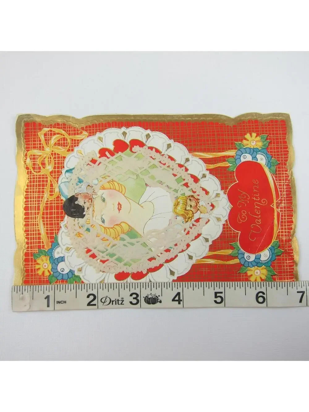 Antique Valentine Art Deco Blonde Girls Boy Flowers Gold Embossed Die cut Bifold